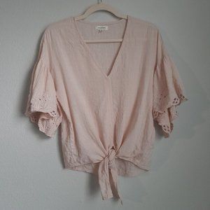 Max Studio Romantic Ethereal V-Neck Gauzy Tie Front Eyelet Top Blush Pink Size S